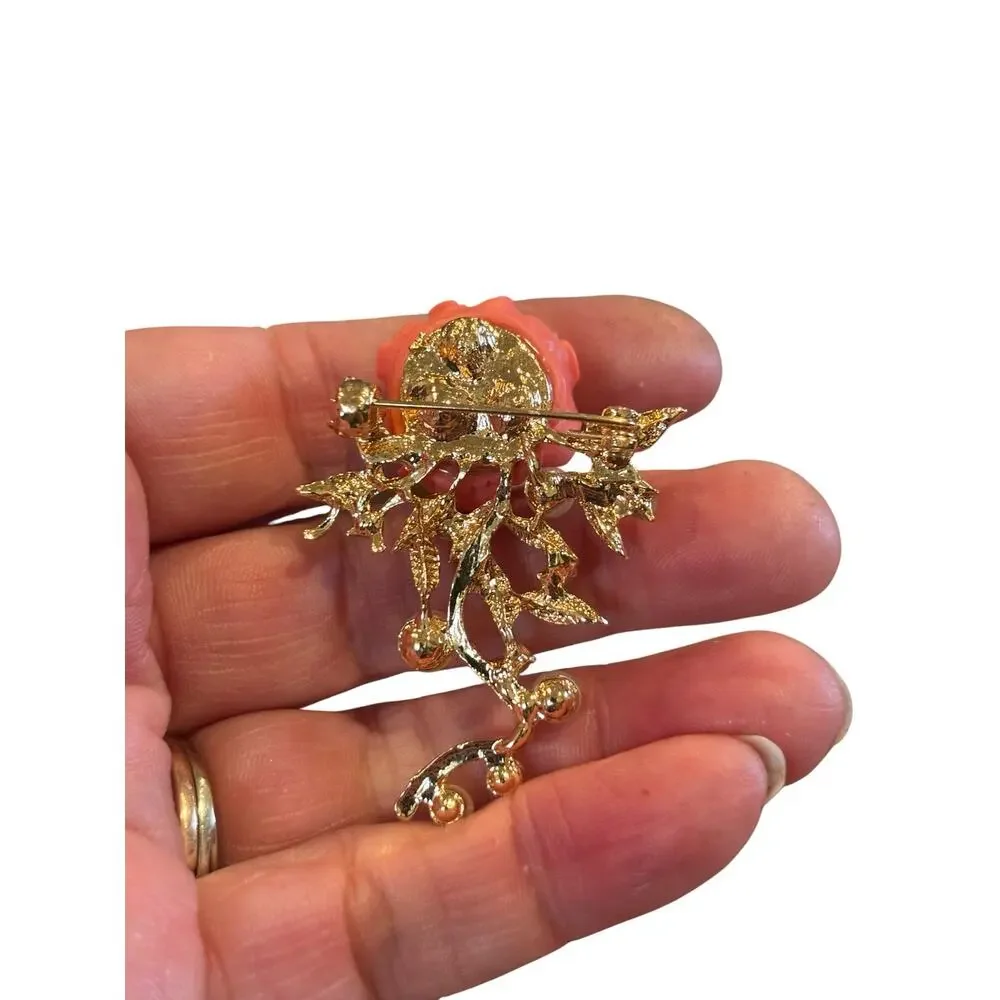 Coral Rose Brooch Pearl Rhinestone Cascade Enamel Leaves Vintage Glam